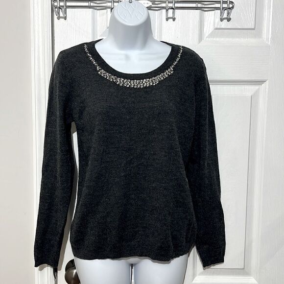 Cynthia Rowley Gray Extra Fine Merino Wool Jeweled Sweater Size L - Picture 1 of 9